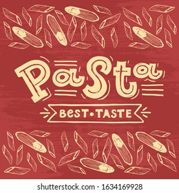 Vector illustration of lettering for pasta cafe and restaurant. Logo for tasty pasta cafe. Template of banner or poster for pasta cafe. Handwritten modern calligraphy made by ink and brush. EPS 10