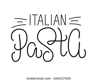 Vector illustration of lettering for pasta restaurant. Logo for tasty pasta cafe. Template of banner or poster for pasta cafe or restaurant. Handwritten calligraphy made by ink and brush. EPS 10