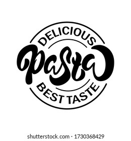 Vector illustration of lettering for pasta restaurant. Logo for tasty pasta cafe. Template of banner or poster for pasta cafe or restaurant. Handwritten calligraphy made by ink and brush. EPS 10