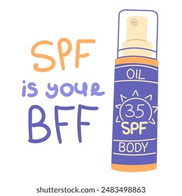 Vector illustration with lettering phrase Spf is your Bff. Hand drawn isolated design of a sunscreen oil body to protect your skin. Funny text spf is your best friend forever UV protection of the skin