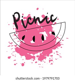 Vector illustration and lettering picnic. Hand-drawn black lineart doodle watermelon with pink texture background for print and web, cafe, beach, summer menu.