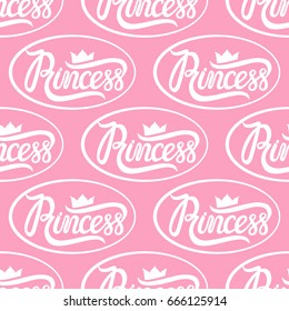 Vector illustration lettering Princess pink. Seamless repeating pattern. Crown princess sign isolated on white background. 