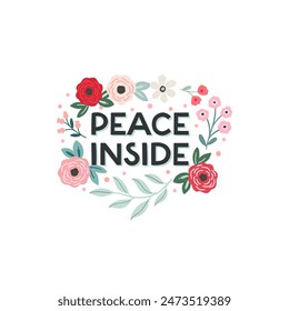 Letras de Ilustración vectorial cita paz interior con ilustración de flores dibujadas a mano, aislado sobre fondo blanco, diseño de camiseta, póster, volante, papelería