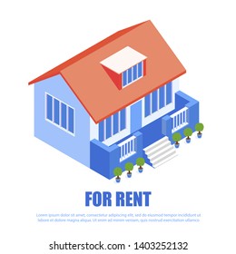 Vector Illustration Lettering for Rent Isometric. Rural Cottage Rent on Favorable Terms. Modern Rental Housing Architecture. Service Application for Rental Housing for Long Term and Daily.