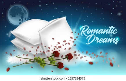 Vector Illustration Lettering Romantic Dreams. Horizontal Banner on Dark Background. Foreground Soft White Pillows and Red Roses with Petals. Postcard with Inscription. Downy Texture.