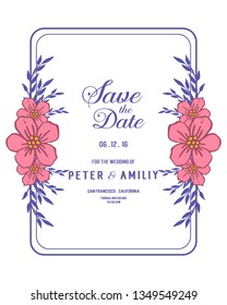 Vector illustration lettering save the date with abstract pink flower frames hand drawn