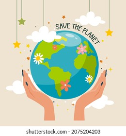 Vector illustration with lettering Save the planet. World Earth day. Cute earth globe, people which take care about planet ecology. Motivational phrase for choosing eco friendly lifestyle.