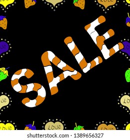 Vector illustration. Lettering. Seamless pattern. Picture in black, orange and white colors. Sale sign design in classic style.