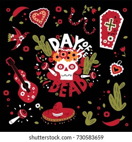 Vector illustration and lettering set of Day of the dead. The snake, the coffin, the heart, the cactus, maracas, sombrero, pepper, skull, bride, flowers