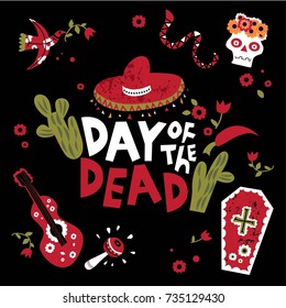 Vector illustration and lettering set of Day of the dead