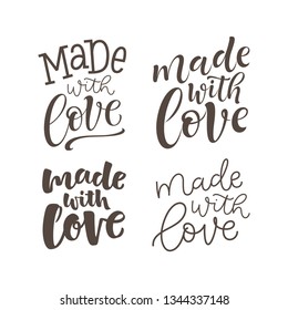 Vector illustration of lettering set. Graphic elements for design of label, sticker or tag. Calligraphy for packaging, handcrafted goods and promotion. Made with love, handmade and homemade signs