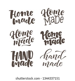 Vector illustration of lettering set. Graphic elements for design of label, sticker or tag. Calligraphy for packaging, handcrafted goods and promotion. Made with love, handmade and homemade signs