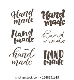 Vector illustration of lettering set. Graphic elements for design of label, sticker or tag. Calligraphic signs for packaging, handcrafted goods and promotion. Made with love, handmade, homemade signs