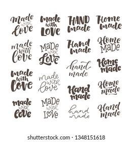 Vector illustration of lettering set. Graphic elements for design of label, sticker or tag. Calligraphic signs for packaging, handcrafted goods and promotion. Made with love, handmade, homemade signs