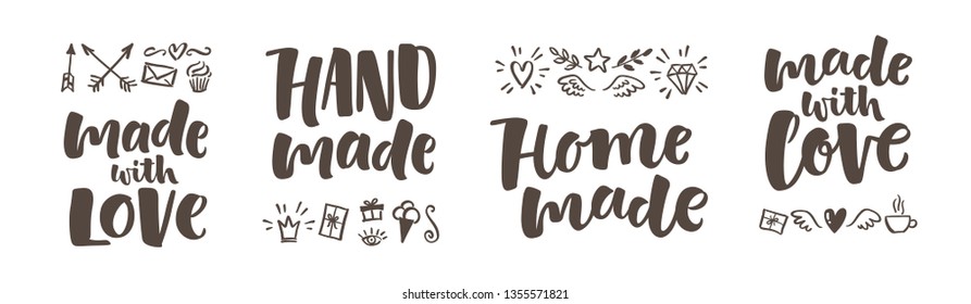 Vector illustration of lettering set. Graphic elements for design of label, sticker or tag. Calligraphic signs for packaging, handcrafted goods and promotion. Made with love, handmade, homemade