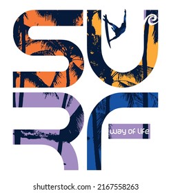 Vector illustration of lettering with silhouette of surfer and coconut trees.