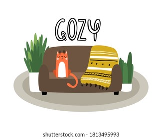 Vector illustration with lettering. Sofa, red cat, knitted blanket, cozy interior.