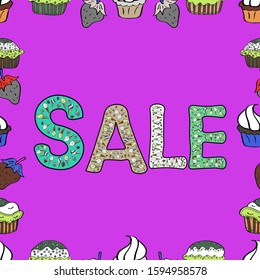 Vector illustration. Lettering. Special Sale Banner or Sale Poster Design. Picture in violet, black and green colors. Seamless pattern.