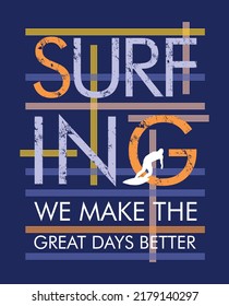 Vector illustration of lettering with stripes and silhouette of surfer.