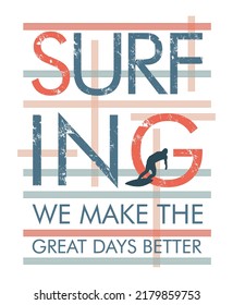 Vector illustration of lettering with stripes and surfer silhouette.