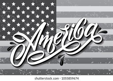 Vector illustration.In Lettering style. Text logo America in grunge style on american flag bacground. Excellent design for printing on T-shirts, posters, banners, patriotic printing, for souvenirs.