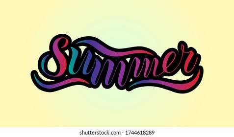Vector illustration of a lettering summer. Poster, banner, card, invitation, clothes, bag, label, sticker. Ink calligraphy. The word is written by hands on background. Letters with a black stroke.