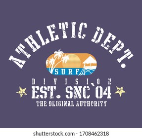 Vector illustration of lettering and surf elements. Art in college style.