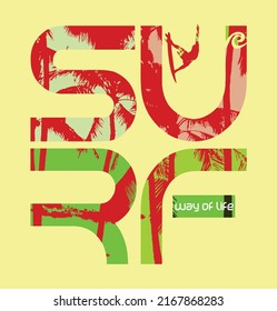 Vector illustration of lettering with surfer silhouette and beach related elements.