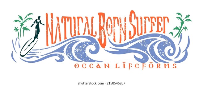 Vector illustration of lettering, surfer and stylized waves.