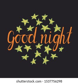 Vector illustration with lettering text "Good night" and stars on dark background.
