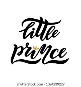 Vector illustration of lettering. Text Little prince in a white background of a pattern of golden peas. For banners, postcards, congratulations, newborns.
