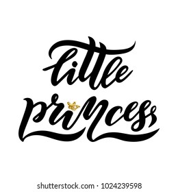 Vector illustration of lettering. Text Little princess in a white background of a pattern of golden peas. For banners, postcards, congratulations, newborns.