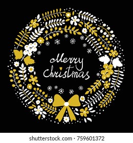 Vector illustration with lettering text Merry Christmas and hand drawn Christmas wreath.