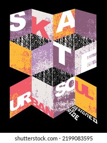 Vector illustration of lettering with texture and geometric elements alluding to skateboarding.