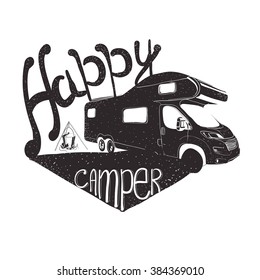 Vector illustration of lettering travel, typographic, camp calligraphy, silhouette tent, camping.