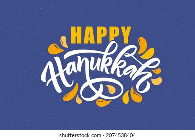 Vector illustration of lettering typography for Hanukkah Jewish holiday. Icon, badge, poster, banner signature Happy Hanukkah. Template for hanukkah postcard, invitation, card.