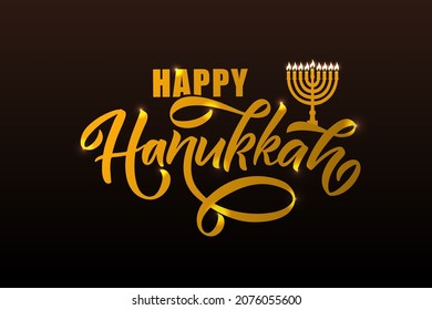 Vector illustration of lettering typography for Hanukkah Jewish holiday. Icon, badge, poster, banner signature Happy Hanukkah. Template for hanukkah postcard, invitation, card. Vector illustration