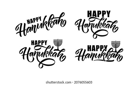 Vector illustration of lettering typography for Hanukkah Jewish holiday. Icon, badge, poster, banner signature Happy Hanukkah. Template for hanukkah postcard, invitation, card. Vector illustration