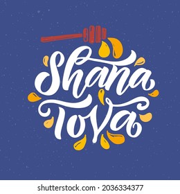 Vector illustration of lettering typography for Rosh Hashanah Jewish New Year. Icon, badge, poster, banner signature Shana Tova Happy New Year. Template for postcard, invitation, card.
