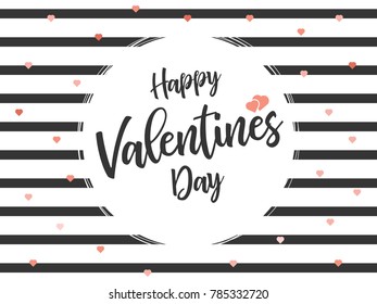 Vector illustration with lettering typography text sign, hearts, white round shape frame on seamless rough stripes background in Memphis style. 