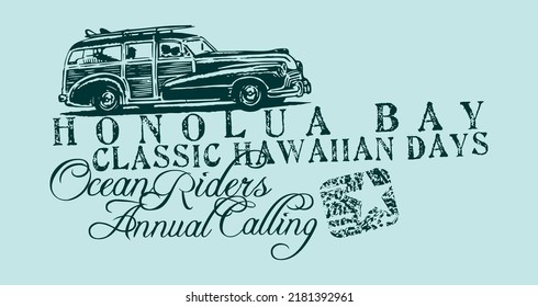 Vector Illustration Of Lettering With Vintage Surfer Car. Old Style Art.