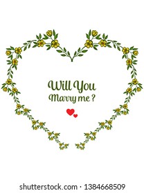 Vector illustration lettering will you marry me with bright yellow wreath frames