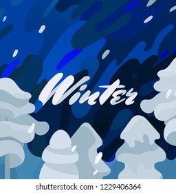 Vector illustration with lettering Winter. Wavy winter landscape in white and grey colors with snow-covered trees.