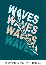 Vector illustration of lettering with the word distorted waves simulating water. Art with surfer silhouette. Design for printing on t-shirts, posters and etc.