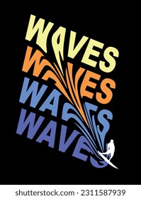 Vector illustration of lettering with the word "waves" repeated and forming irregular ripples. Drawing with surfer silhouette surfing the words. Art for t-shirts, posters and etc...