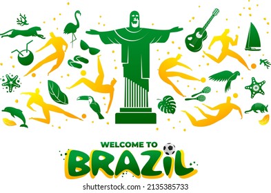 Vector illustration with lettering. World of Brasil pattern with modern and traditional elements. 