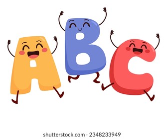 Vector illustration of letters a, b and c characters jumping celebrating back to school. Funny educational elements for children