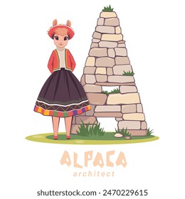 Vector illustration of the letters of the alphabet. An alpaca in a national costume in the image of an architect. The letter A.