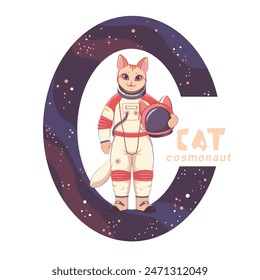 Vector illustration of the letters of the alphabet. A cat in the form of an cosmonaut. The letter C.