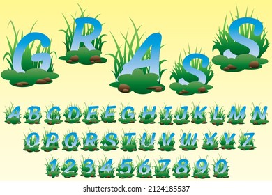 Vector illustration of letters of the alphabet and numbers on the grass.